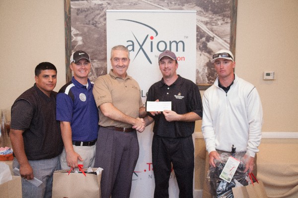 Together at the February scholarship golf tournament are (l-r) HM2 Fernando Abundis, Wounded Warrior Battalion – West; HM2 Will Frey, Wounded Warrior Battalion – West; Peter Carides, chief executive officer, Tachyon Networks; Thomas Corzine, chapter fundraising chairman; and Staff Sgt. Jacob Nelson, USMC, Wounded Warrior Battalion – West.